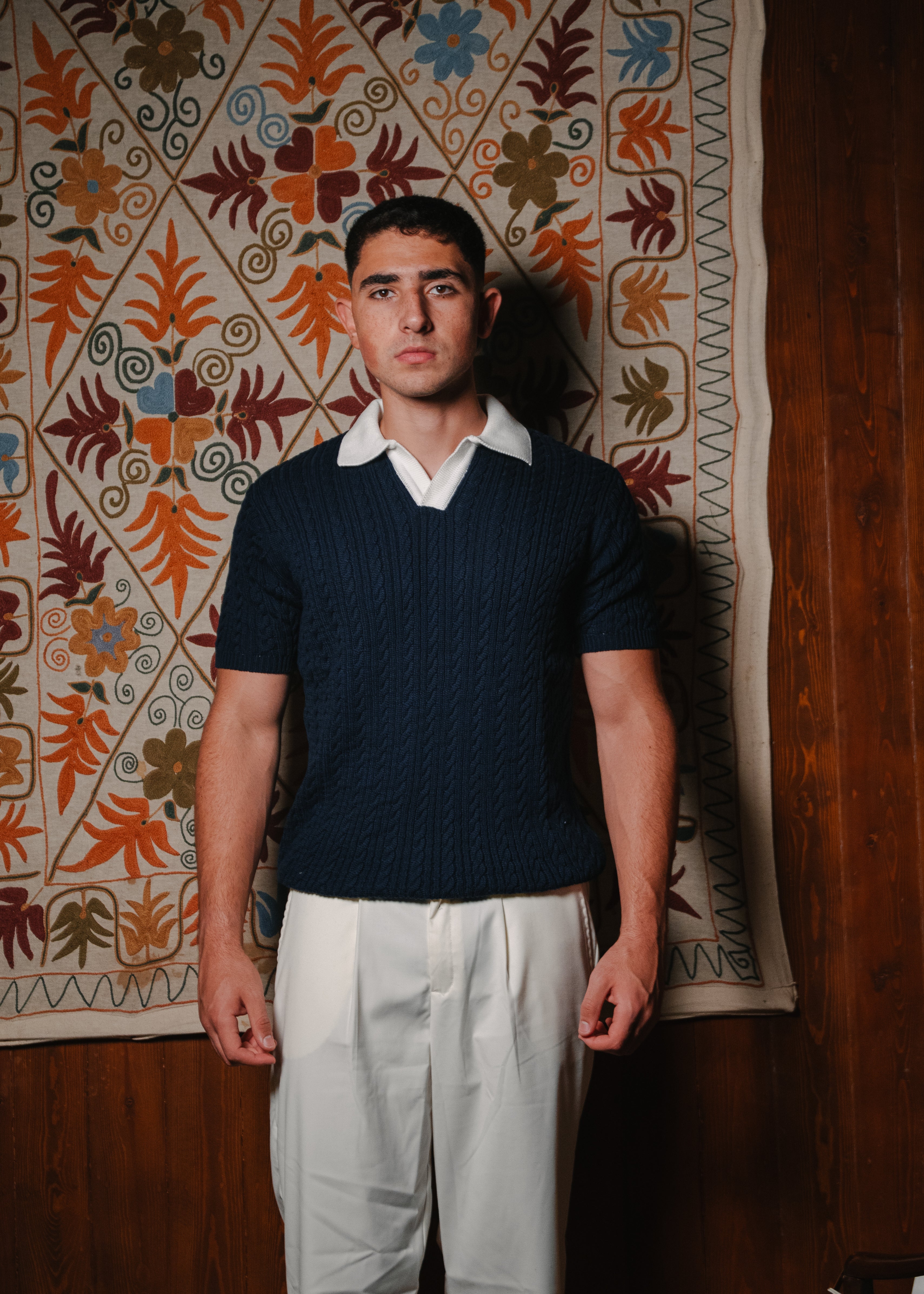 Navy Two Tone Cable Knit Polo