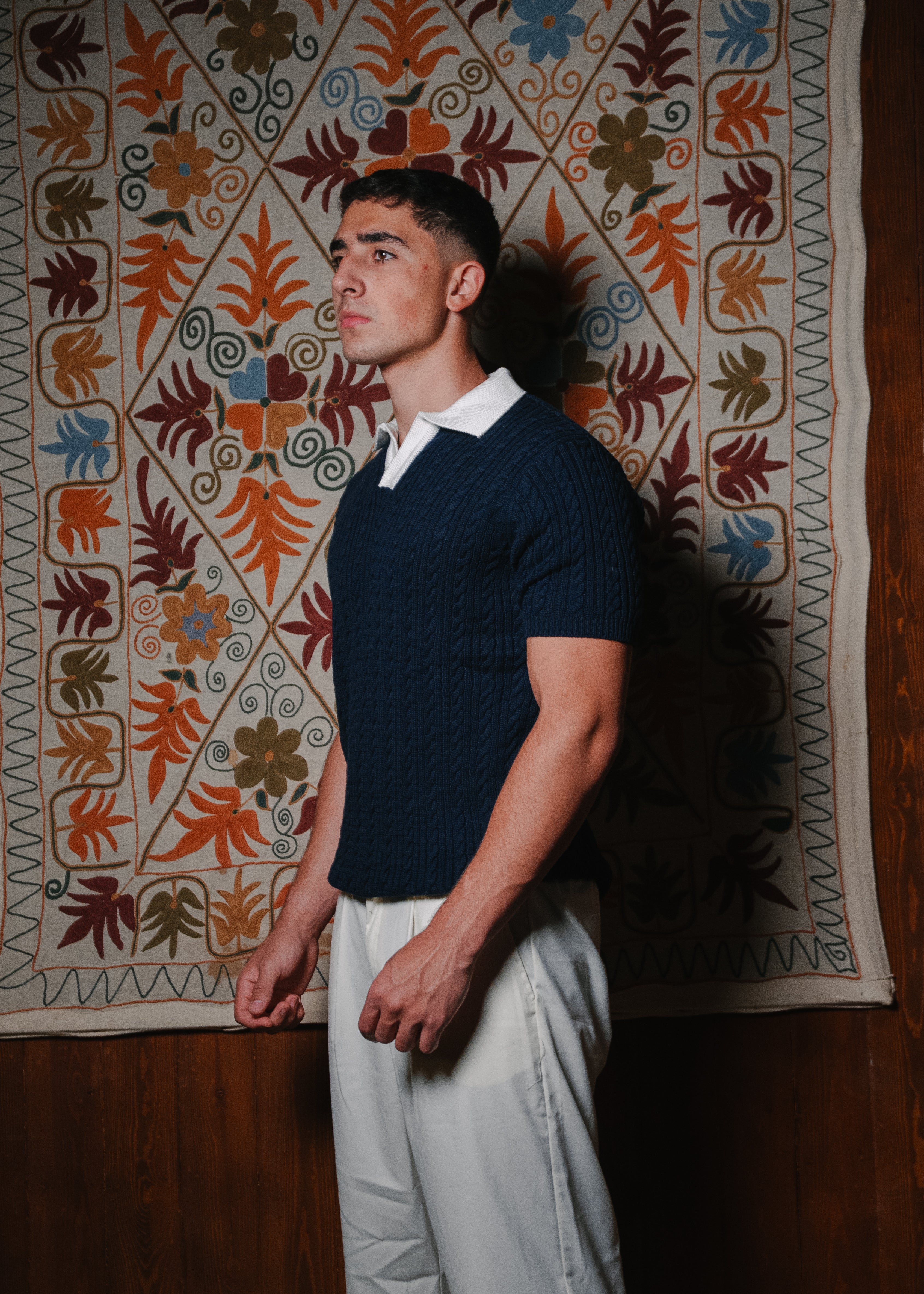 Navy Two Tone Cable Knit Polo