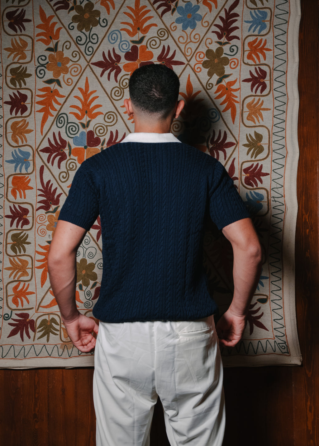 Navy Two Tone Cable Knit Polo