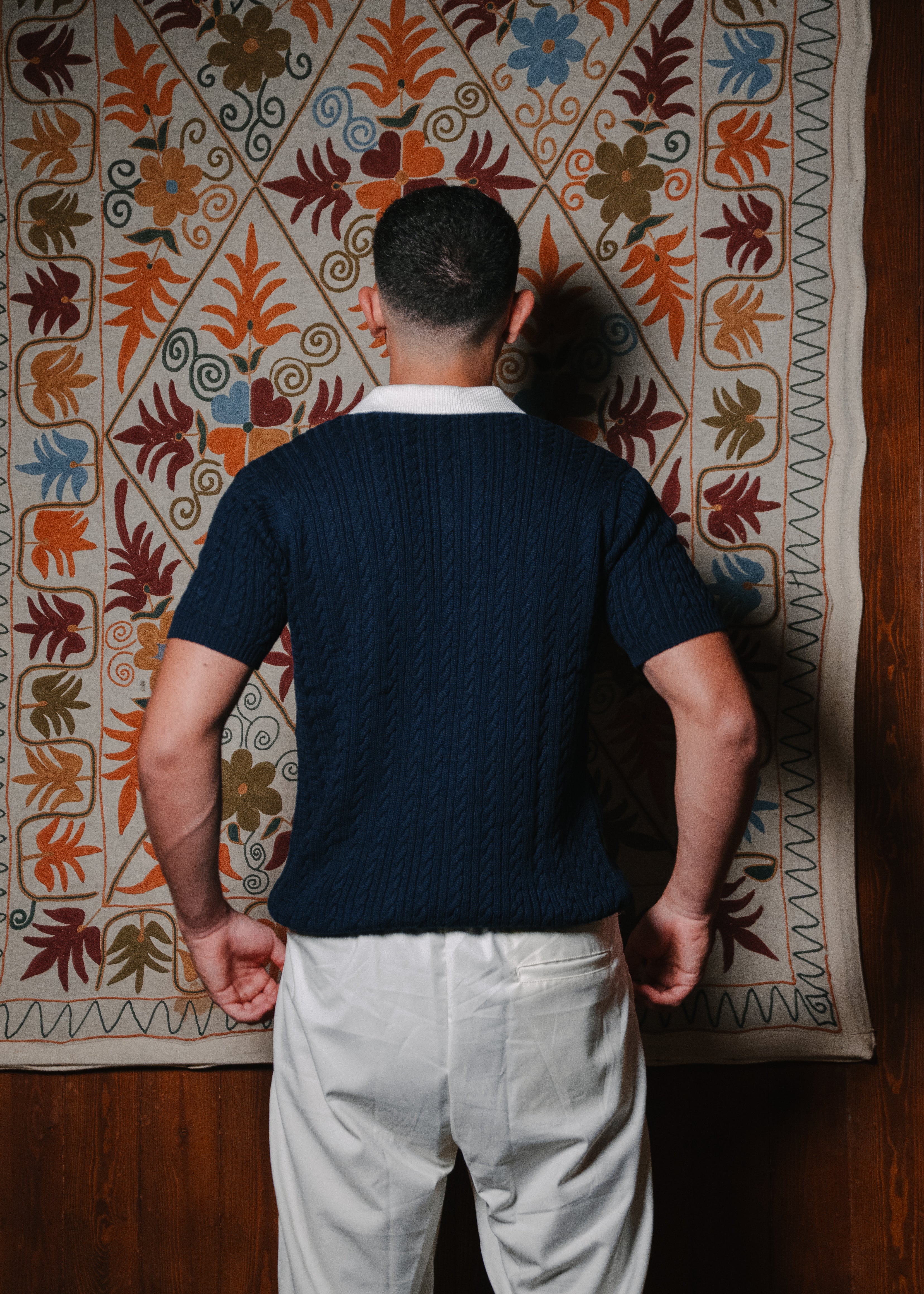 Navy Two Tone Cable Knit Polo