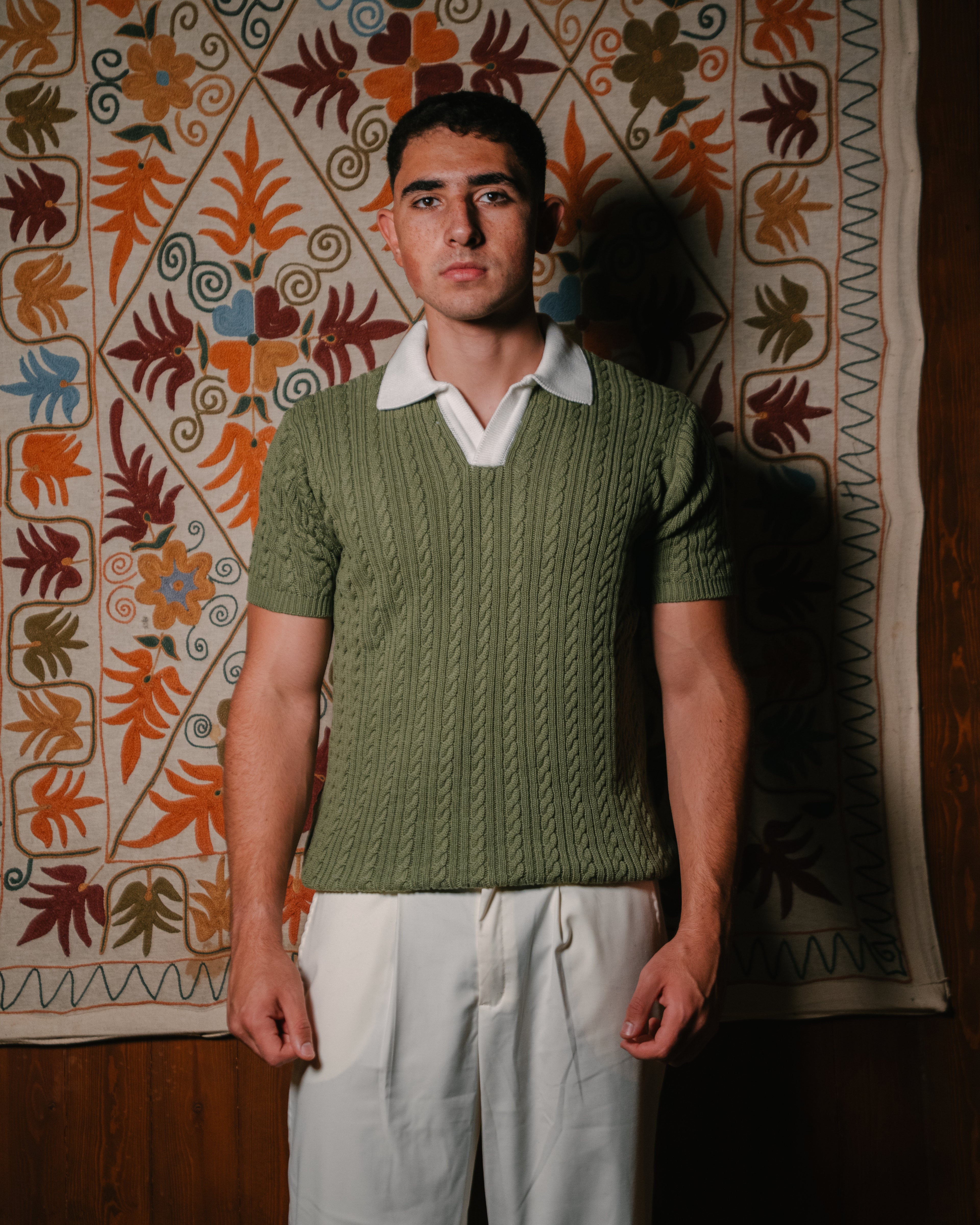 Sage Green Two Tone Knitted Polo