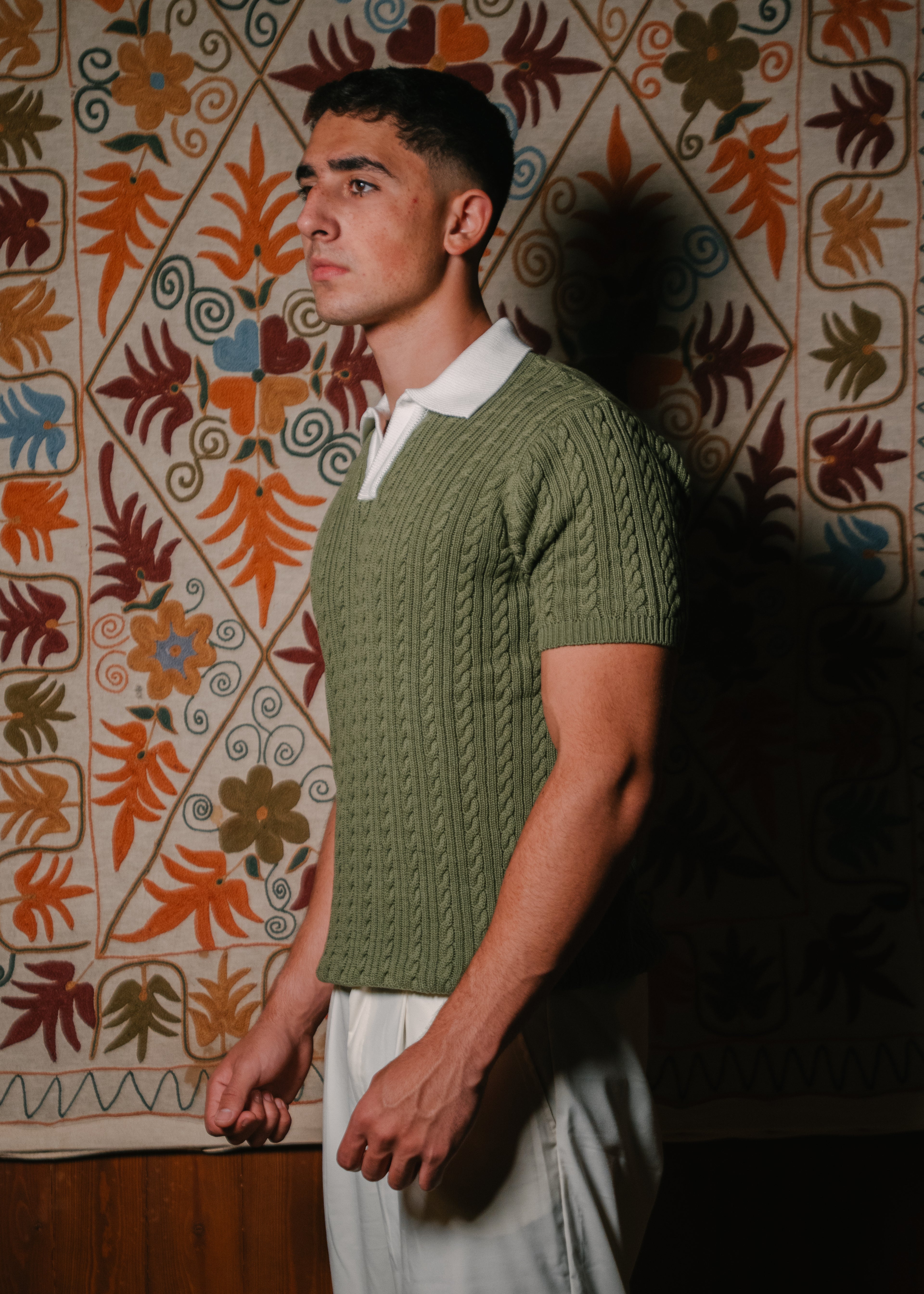Sage Green Two Tone Knitted Polo