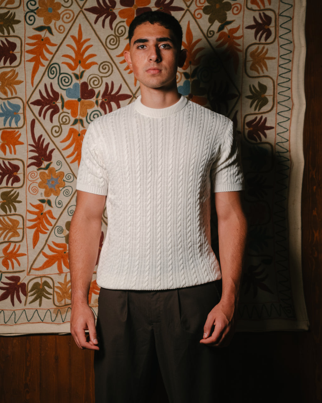 White Cable Knit Round Tshirt