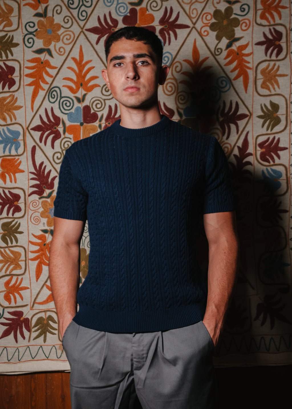Navy Cable Knit Round Tshirt