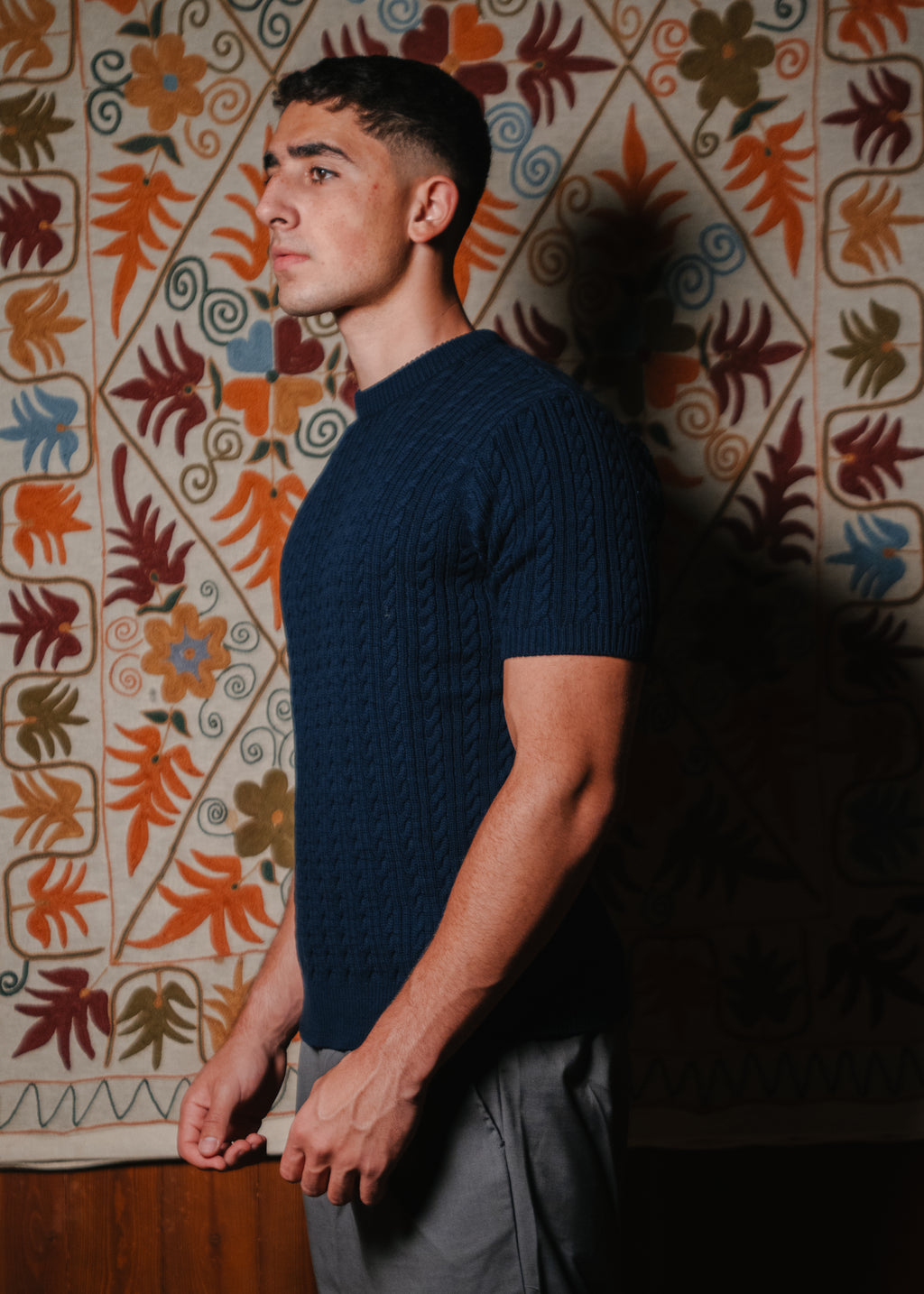 Navy Cable Knit Round Tshirt