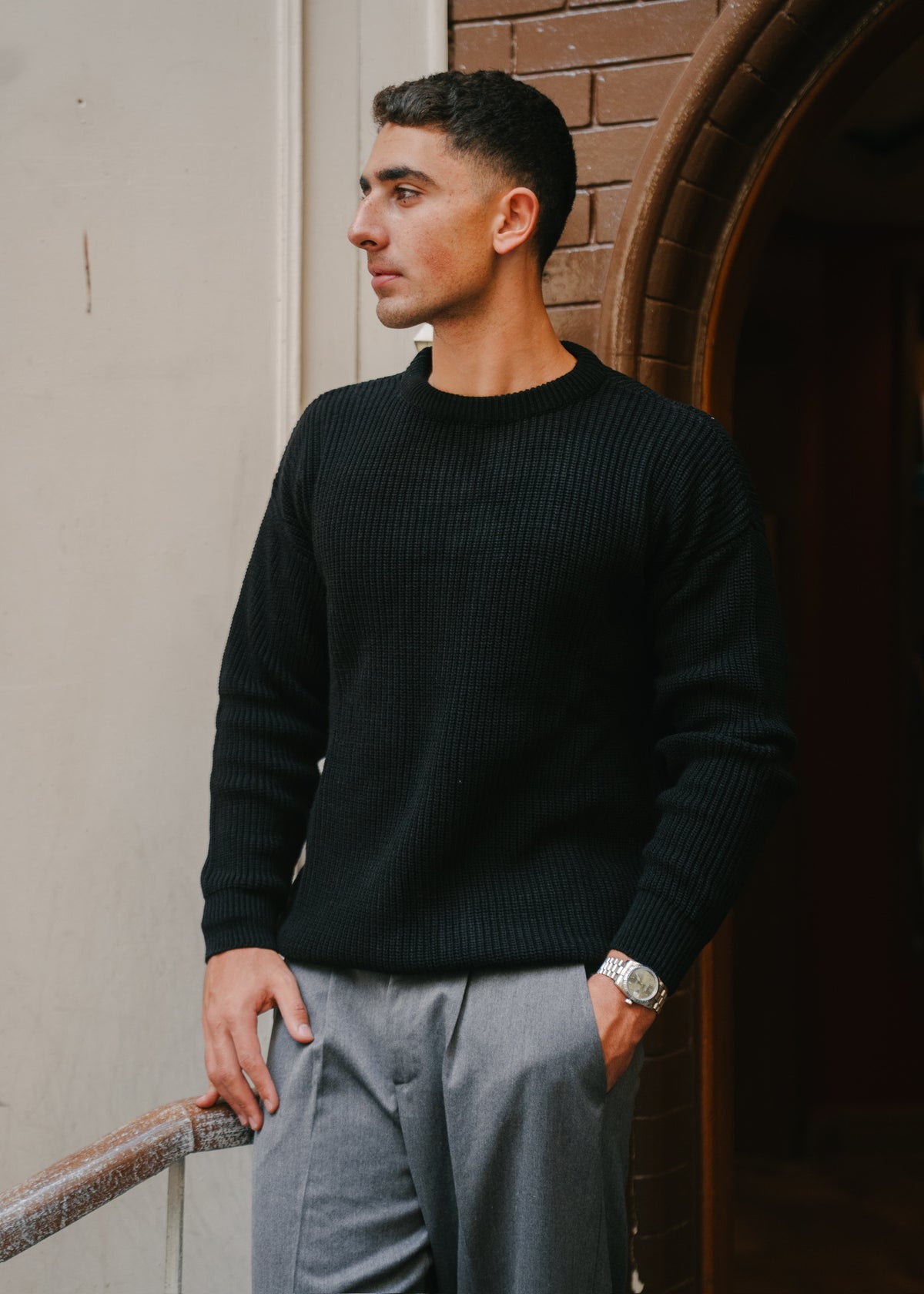 Black Ribbed Knitted Sweater+G Tailored