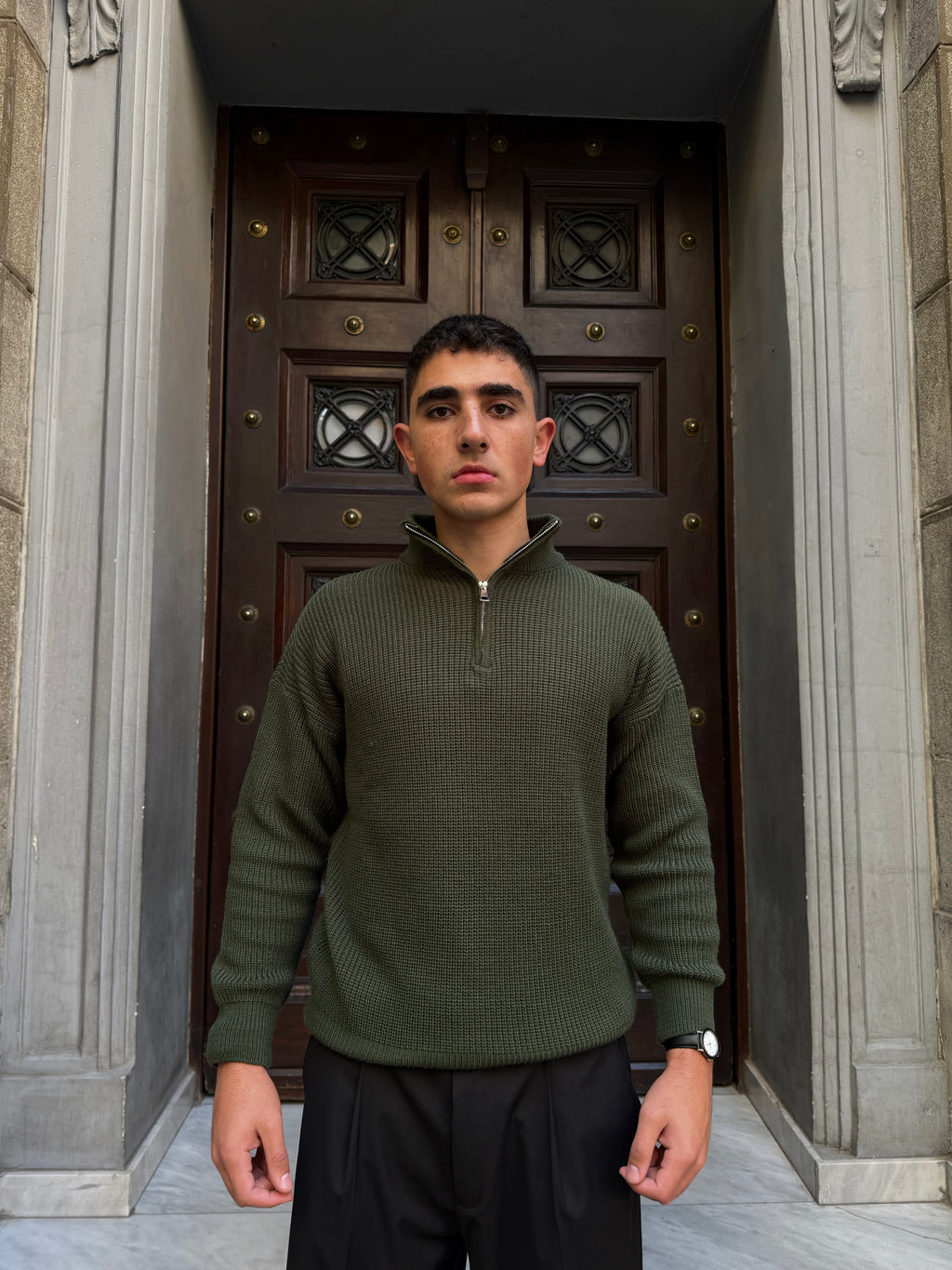 Olive Knitted Quarter Zipper