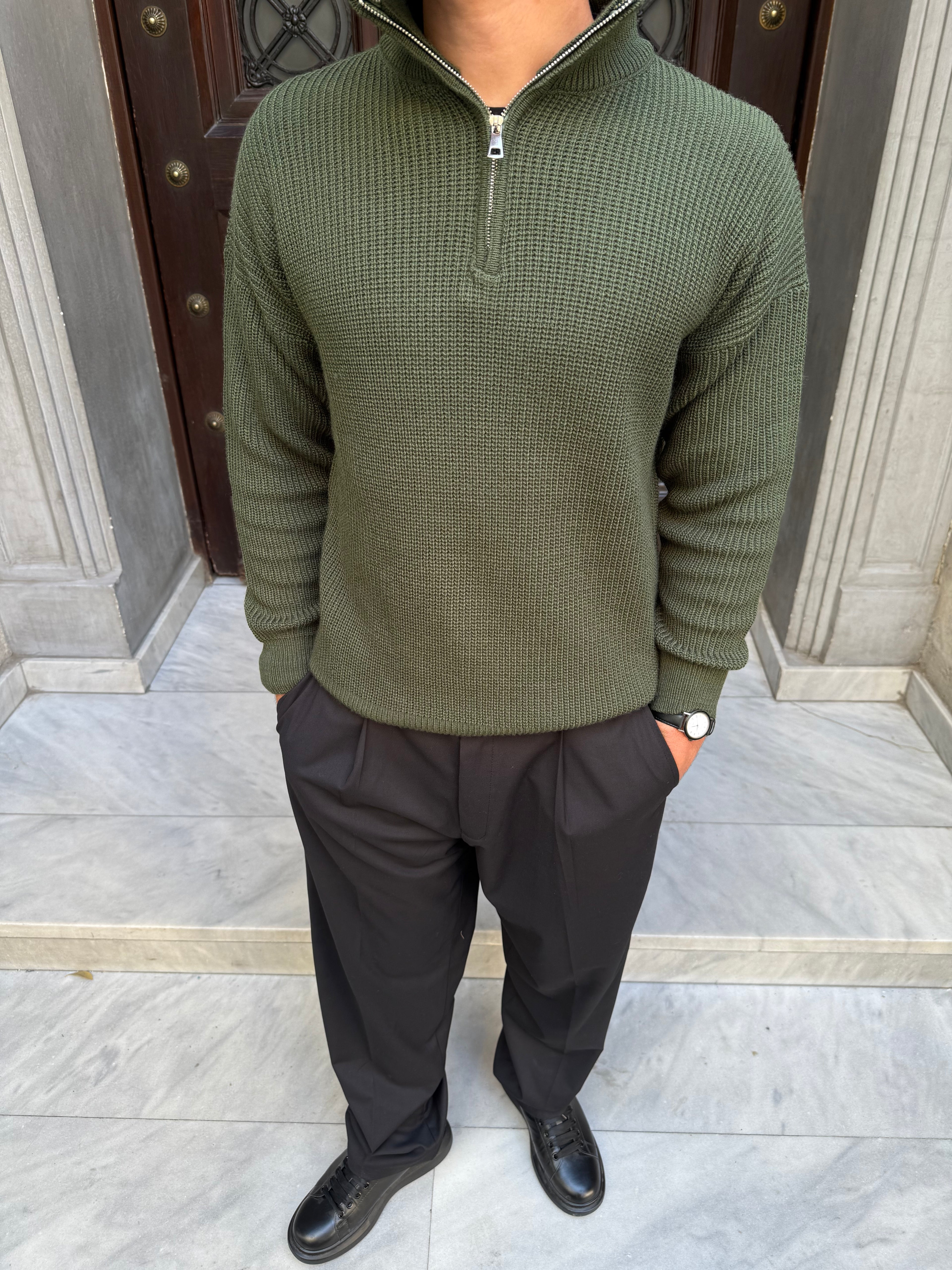 Olive Knitted Quarter Zipper