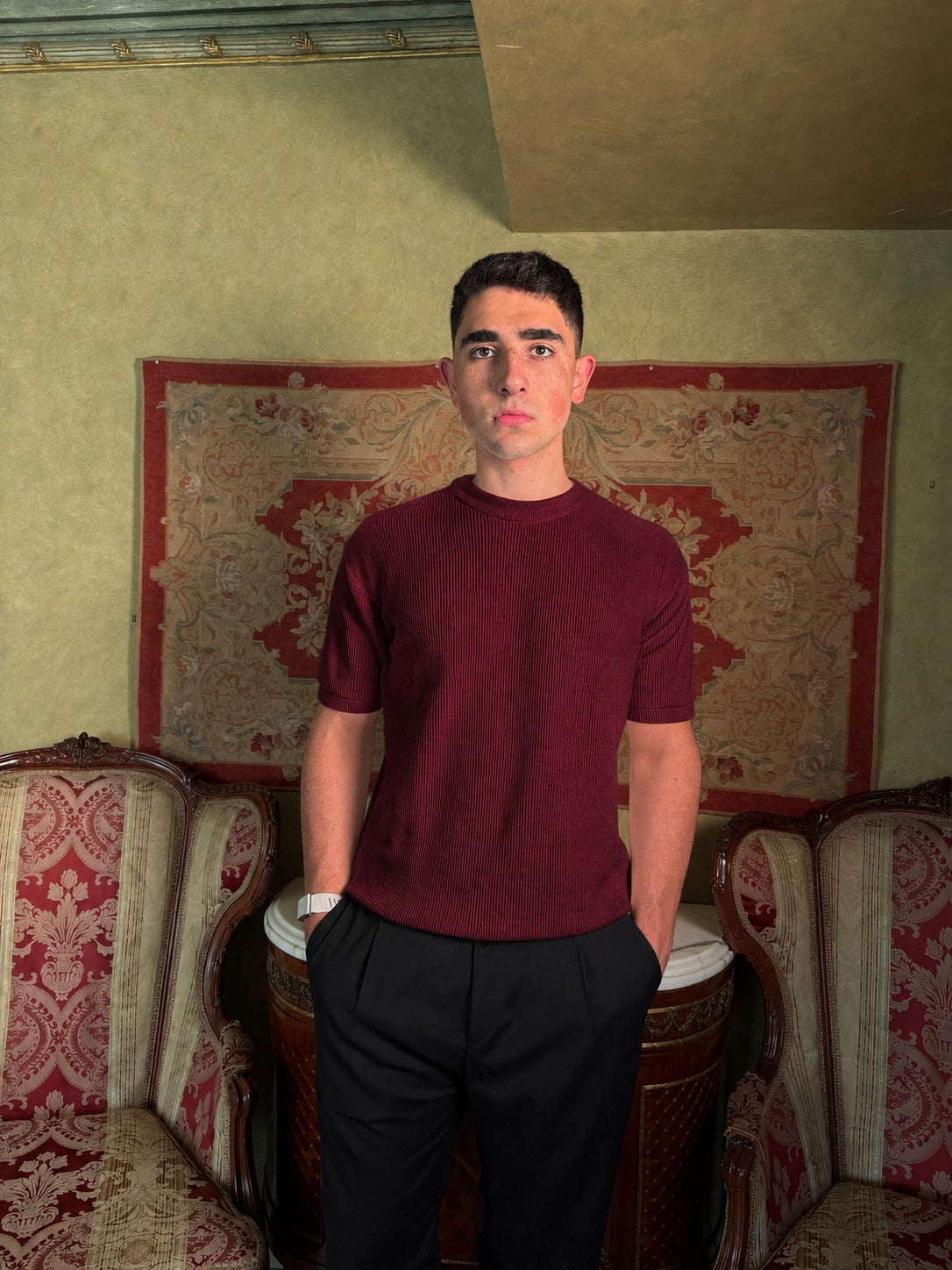 Burgandy Knitted Round T-shirt