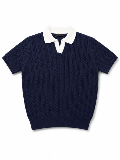 Navy Two Tone Cable Knit Polo